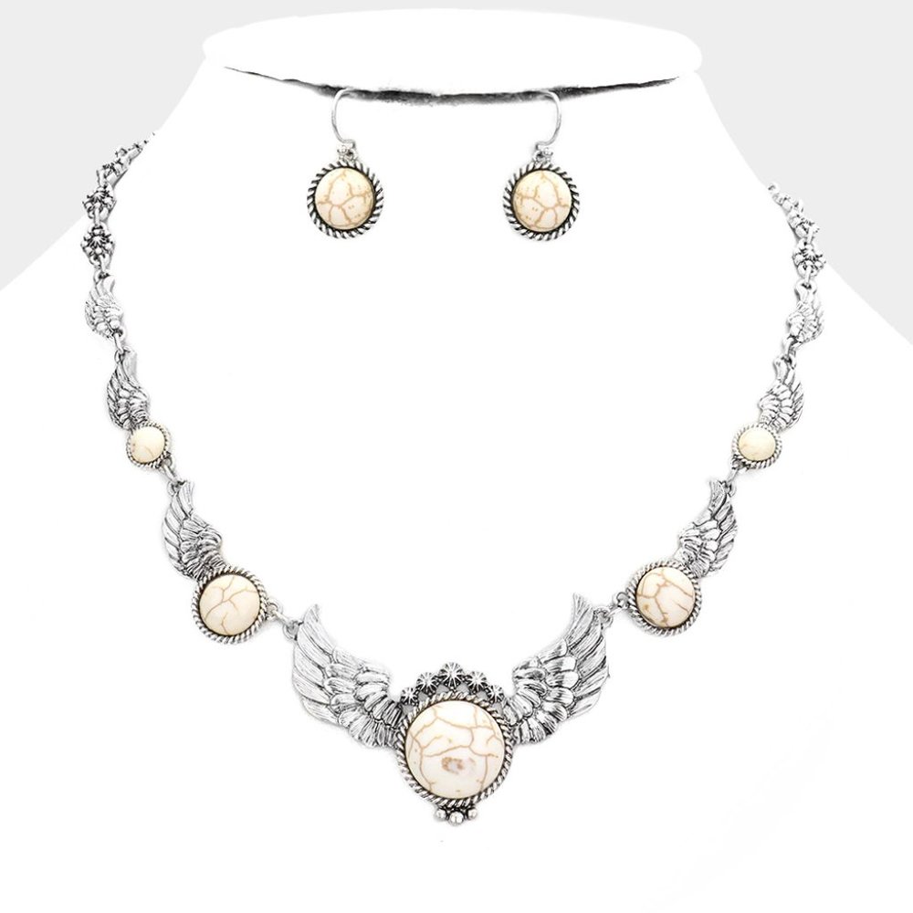 • Natural Stone Accented Antique Metal Wing Link Necklace